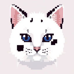 A pixelated image of a white cat with black spots