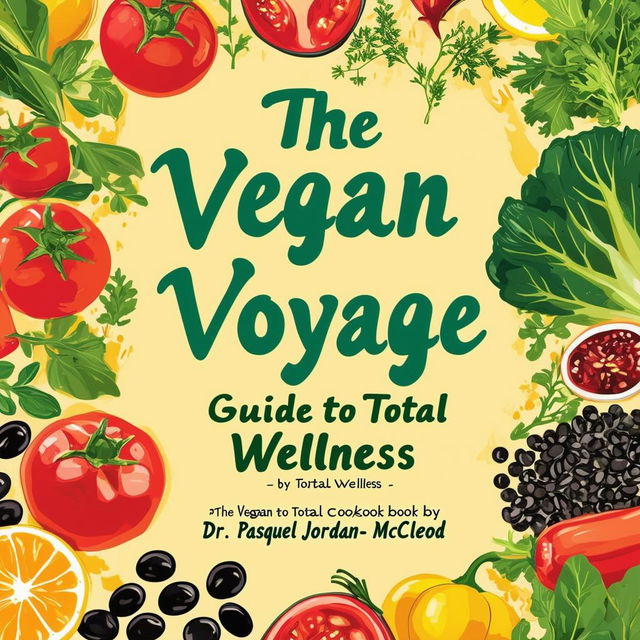 Create a vibrant and inviting printable cookbook cover titled 'The Vegan Voyage: Guide to Total Wellness' by Dr