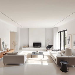 A minimalist interior design featuring clean lines, neutral colors, and open spaces