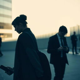 A woman using her cellphone with the shadow of a man behind her, and a man also using his cellphone with the shadow of a woman behind him