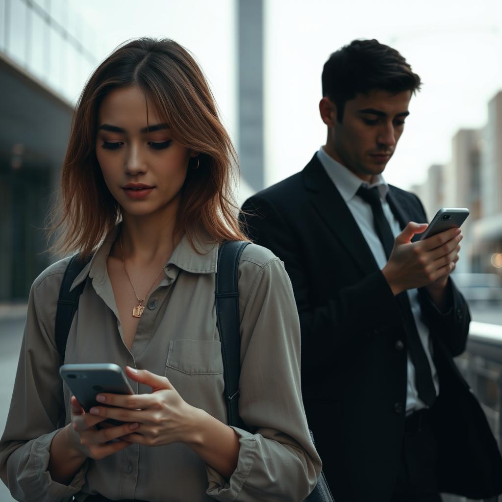 A woman using her cellphone with the shadow of a man behind her, and a man also using his cellphone with the shadow of a woman behind him