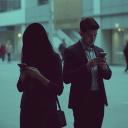 A woman using her cellphone with the shadow of a man behind her, and a man also using his cellphone with the shadow of a woman behind him