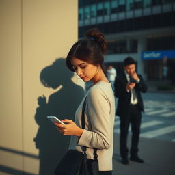 A woman using her cellphone with the shadow of a man behind her, and a man also using his cellphone with the shadow of a woman behind him