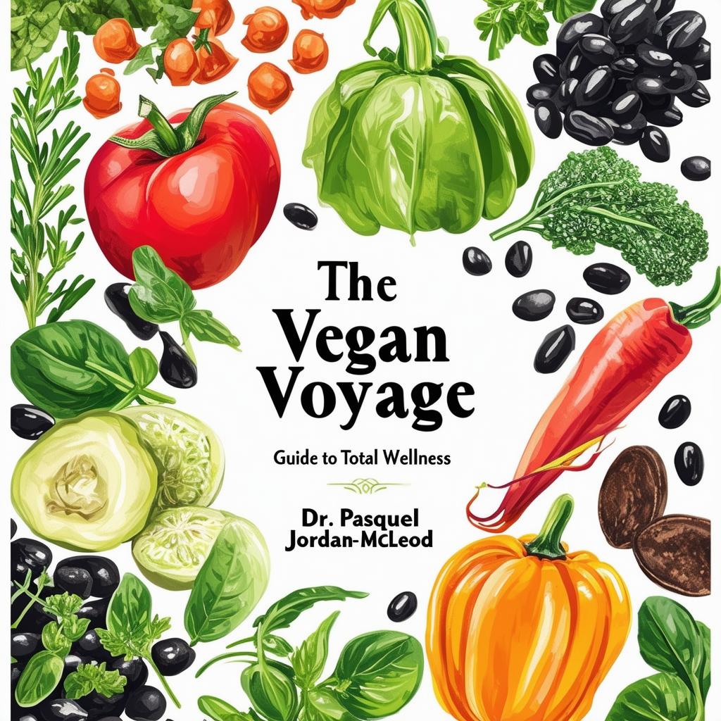 Create a vibrant and inviting printable cookbook cover titled 'The Vegan Voyage: Guide to Total Wellness' by Dr