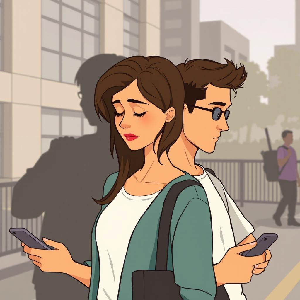 A cartoon-style image of a woman using her cellphone with the shadow of a man behind her, and a man also using his cellphone with the shadow of a woman behind him