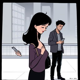 A cartoon-style image of a woman using her cellphone with the shadow of a man behind her, and a man also using his cellphone with the shadow of a woman behind him