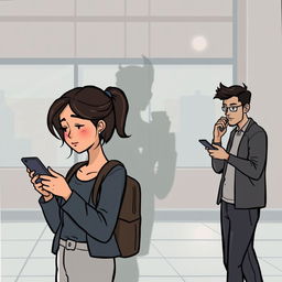 A cartoon-style image of a woman using her cellphone with the shadow of a man behind her, and a man also using his cellphone with the shadow of a woman behind him