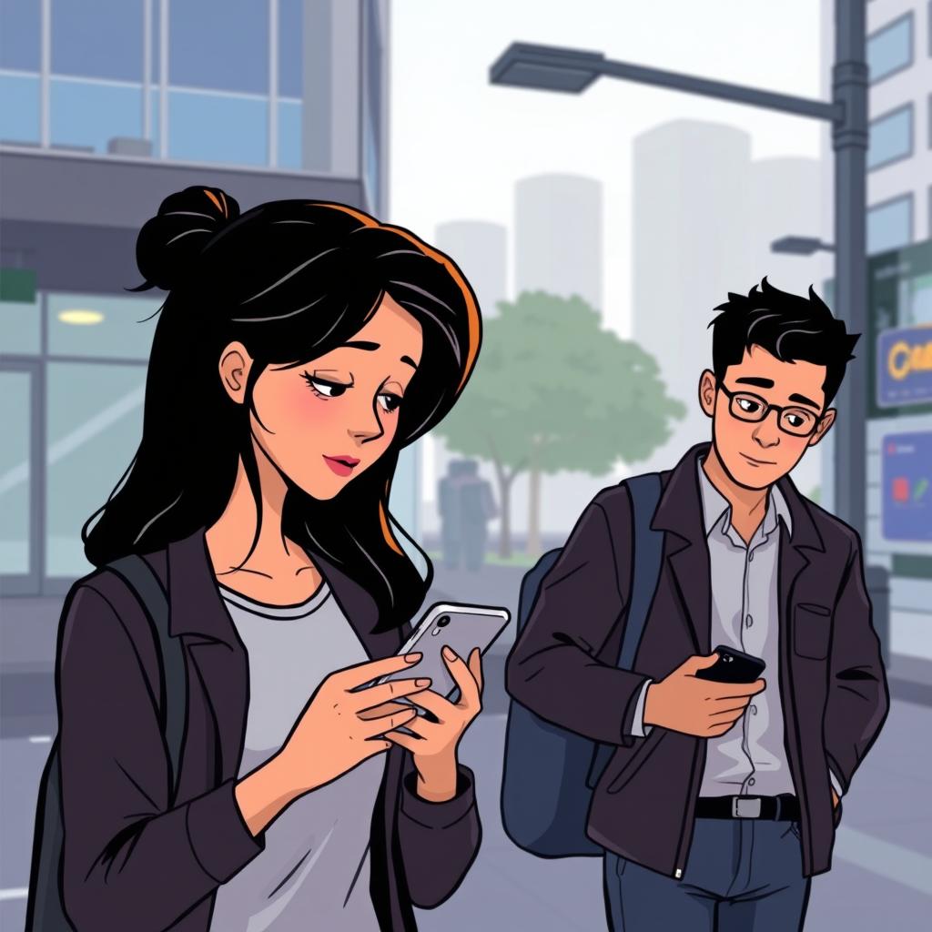 A cartoon-style image of a woman using her cellphone with the shadow of a man behind her, and a man also using his cellphone with the shadow of a woman behind him