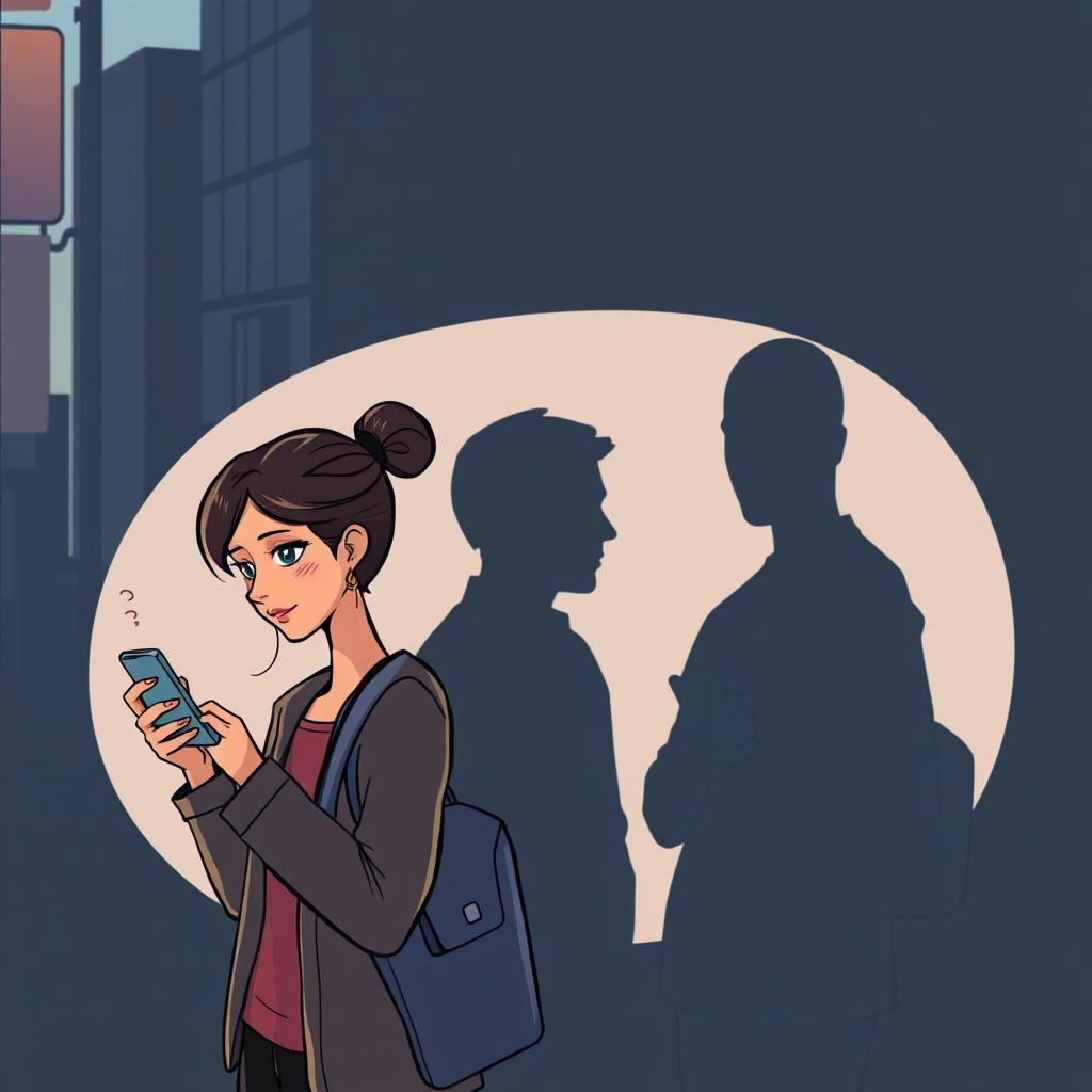 A cartoon-style image of a woman using her cellphone with the shadow of a man behind her, and a man also using his cellphone with the shadow of a woman behind him