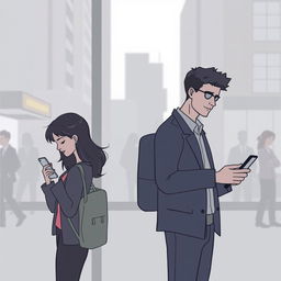 A cartoon-style image of a woman using her cellphone with the shadow of a man behind her, and a man also using his cellphone with the shadow of a woman behind him