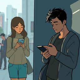 A cartoon-style image of a woman using her cellphone with the shadow of a man behind her, and a man also using his cellphone with the shadow of a woman behind him