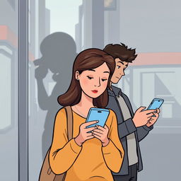 A cartoon-style image of a woman using her cellphone with the shadow of a man behind her, and a man also using his cellphone with the shadow of a woman behind him