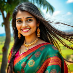 A beautiful Indian girl with traditional attire, long flowing hair, and a warm smile