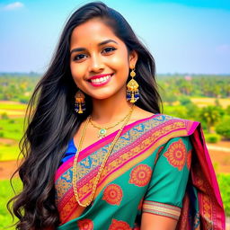 A beautiful Indian girl with traditional attire, long flowing hair, and a warm smile