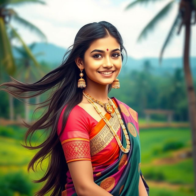 A beautiful Indian girl with traditional attire, long flowing hair, and a warm smile