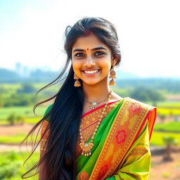 A beautiful Indian girl with traditional attire, long flowing hair, and a warm smile