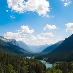 A beautiful landscape with mountains, a river flowing through a forest, and a clear blue sky with fluffy white clouds