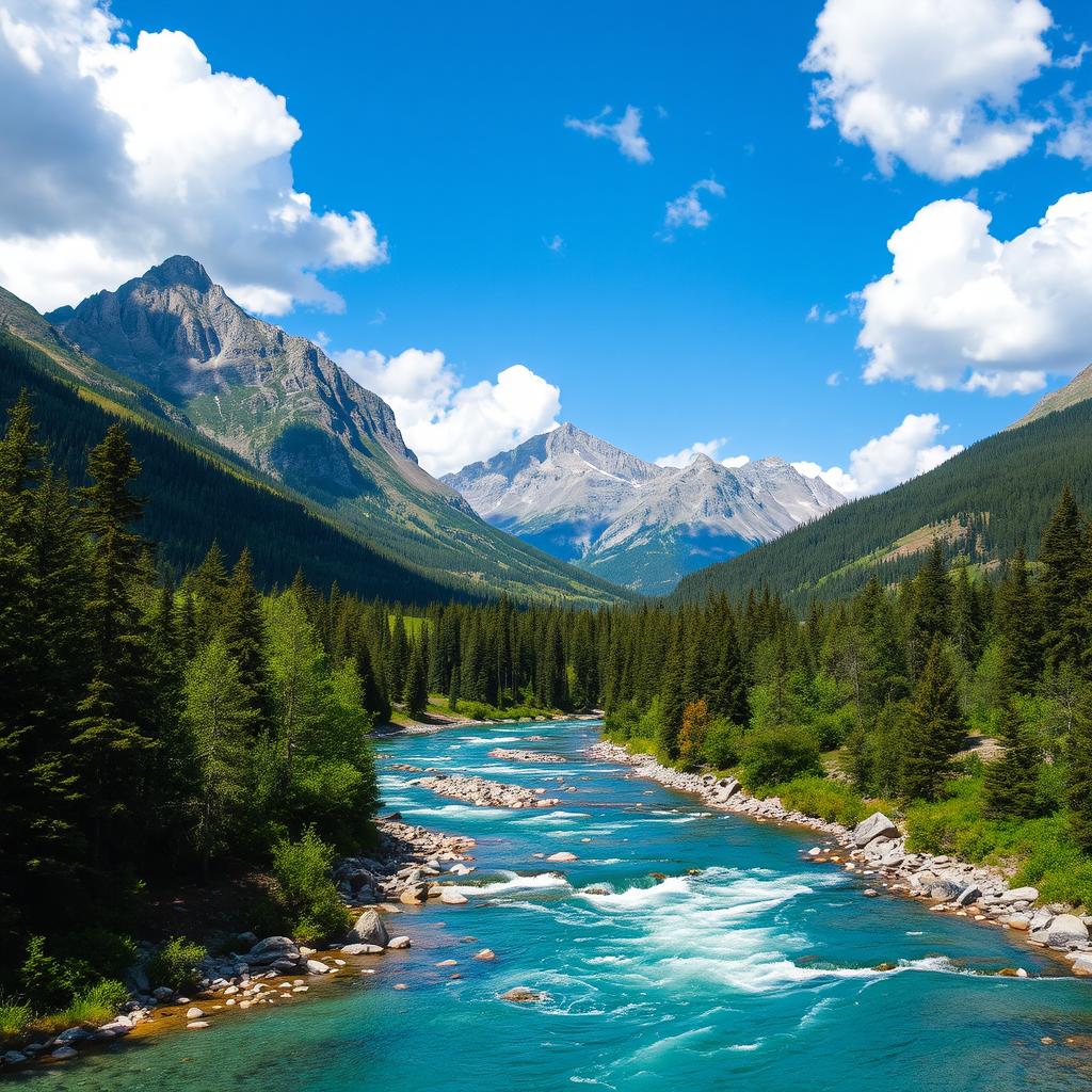 A beautiful landscape with mountains, a river flowing through a forest, and a clear blue sky with fluffy white clouds