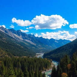 A beautiful landscape with mountains, a river flowing through a forest, and a clear blue sky with fluffy white clouds