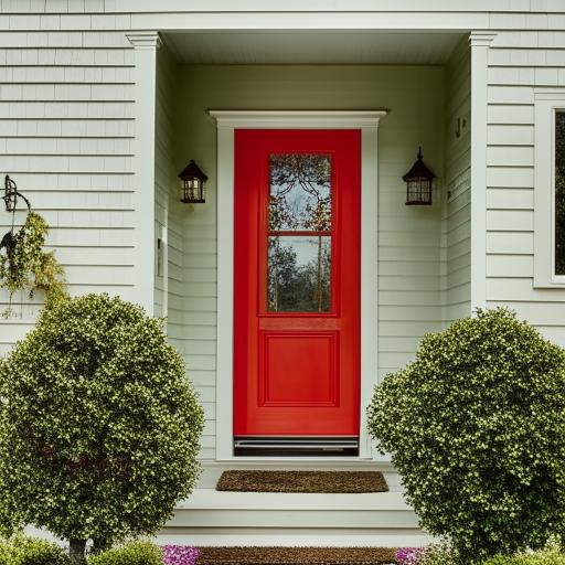 Show me a house with an eclectic color scheme, featuring a light sage green exterior, crisp white trim, and a cherry red door.