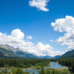 A beautiful landscape with mountains, a river flowing through a forest, and a clear blue sky with fluffy white clouds