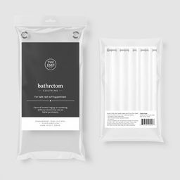 Design a transparent plastic hanging packaging for a bathroom curtain with metal grommets