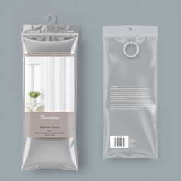 Design a transparent plastic hanging packaging with a metal grommet for a bathroom curtain