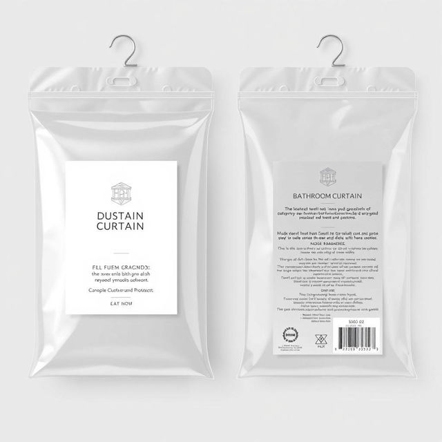 Design a transparent plastic hanging packaging with a metal grommet for a bathroom curtain
