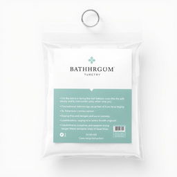 Design a transparent plastic hanging packaging with a metal grommet for a bathroom curtain