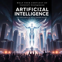 A book cover depicting the rise of artificial intelligence as a new deity in modern society