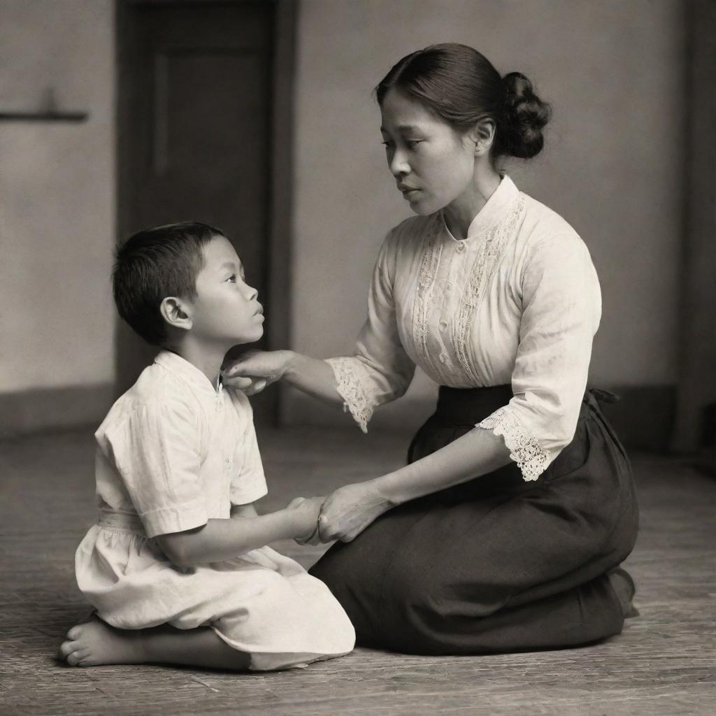 A touching scene from the 1880s portraying a Filipino mother gently disciplining her son, reflecting the profound love, respect, and traditional Filipino values being imparted.