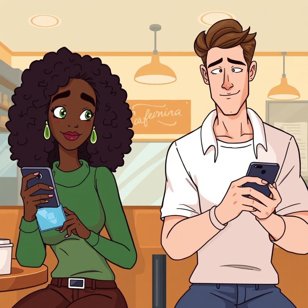 Create a cartoon-style image of a black woman with curly hair and green eyes using her cellphone on the left side, with the shadow of a man behind her