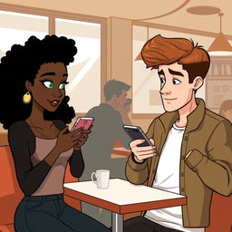 Create a cartoon-style image of a black woman with curly hair and green eyes using her cellphone on the left side, with the shadow of a man behind her