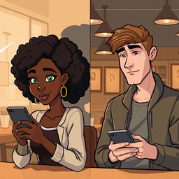 Create a cartoon-style image of a black woman with curly hair and green eyes using her cellphone on the left side, with the shadow of a man behind her