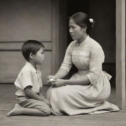 A touching scene from the 1880s portraying a Filipino mother gently disciplining her son, reflecting the profound love, respect, and traditional Filipino values being imparted.