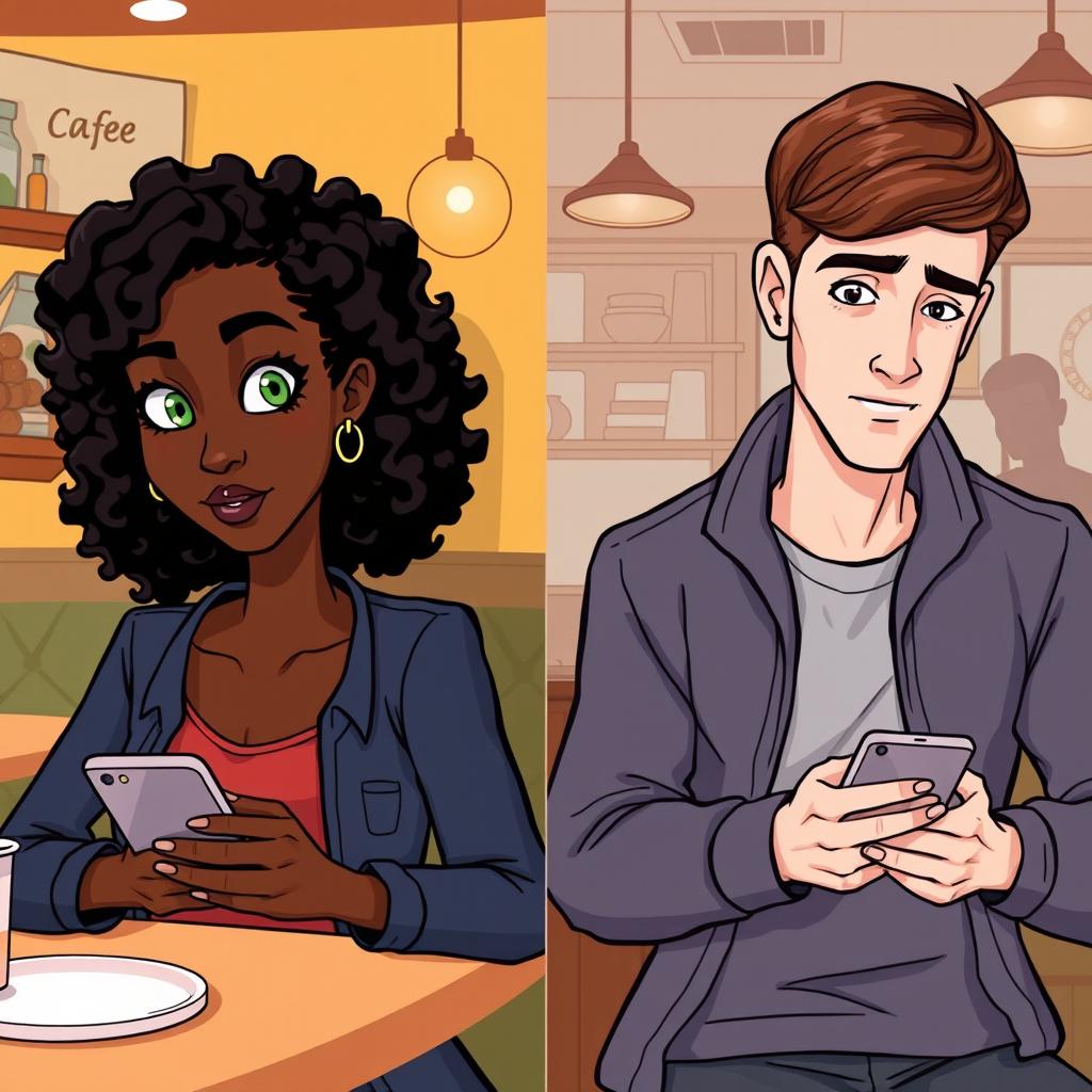 Create a cartoon-style image of a black woman with curly hair and green eyes using her cellphone on the left side, with the shadow of a man behind her