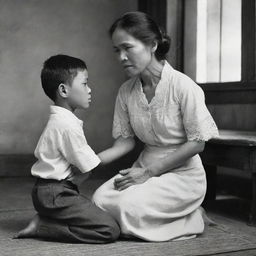 A touching scene from the 1880s portraying a Filipino mother gently disciplining her son, reflecting the profound love, respect, and traditional Filipino values being imparted.