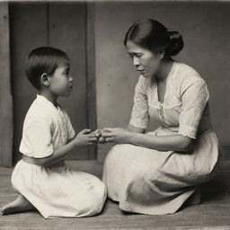 A touching scene from the 1880s portraying a Filipino mother gently disciplining her son, reflecting the profound love, respect, and traditional Filipino values being imparted.