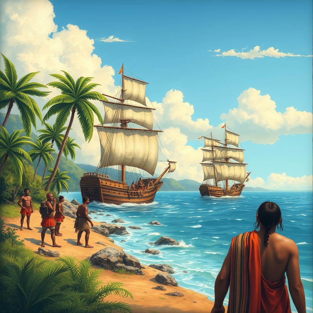 A detailed illustration depicting the discovery of America, showing Christopher Columbus's ships arriving at the shores of the New World