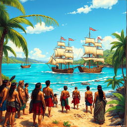 A detailed illustration depicting the discovery of America, showing Christopher Columbus's ships arriving at the shores of the New World