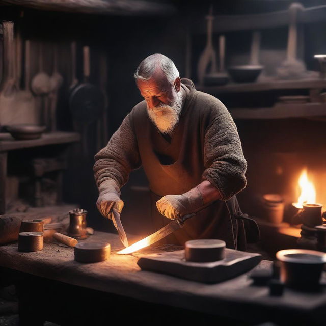 A detailed and atmospheric image of a weaponsmith at work in a medieval forge