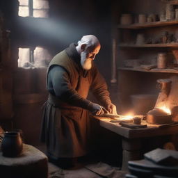 A detailed and atmospheric image of a weaponsmith at work in a medieval forge