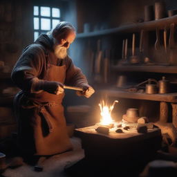 A detailed and atmospheric image of a weaponsmith at work in a medieval forge