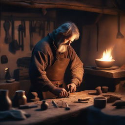 A detailed and atmospheric image of a weaponsmith at work in a medieval forge