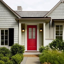 Show me a house with an eclectic color scheme, featuring a light sage green exterior, crisp white trim, and a cherry red door.