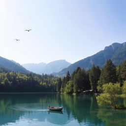 A serene landscape featuring a clear blue lake surrounded by lush green trees, with mountains in the background and a bright, sunny sky