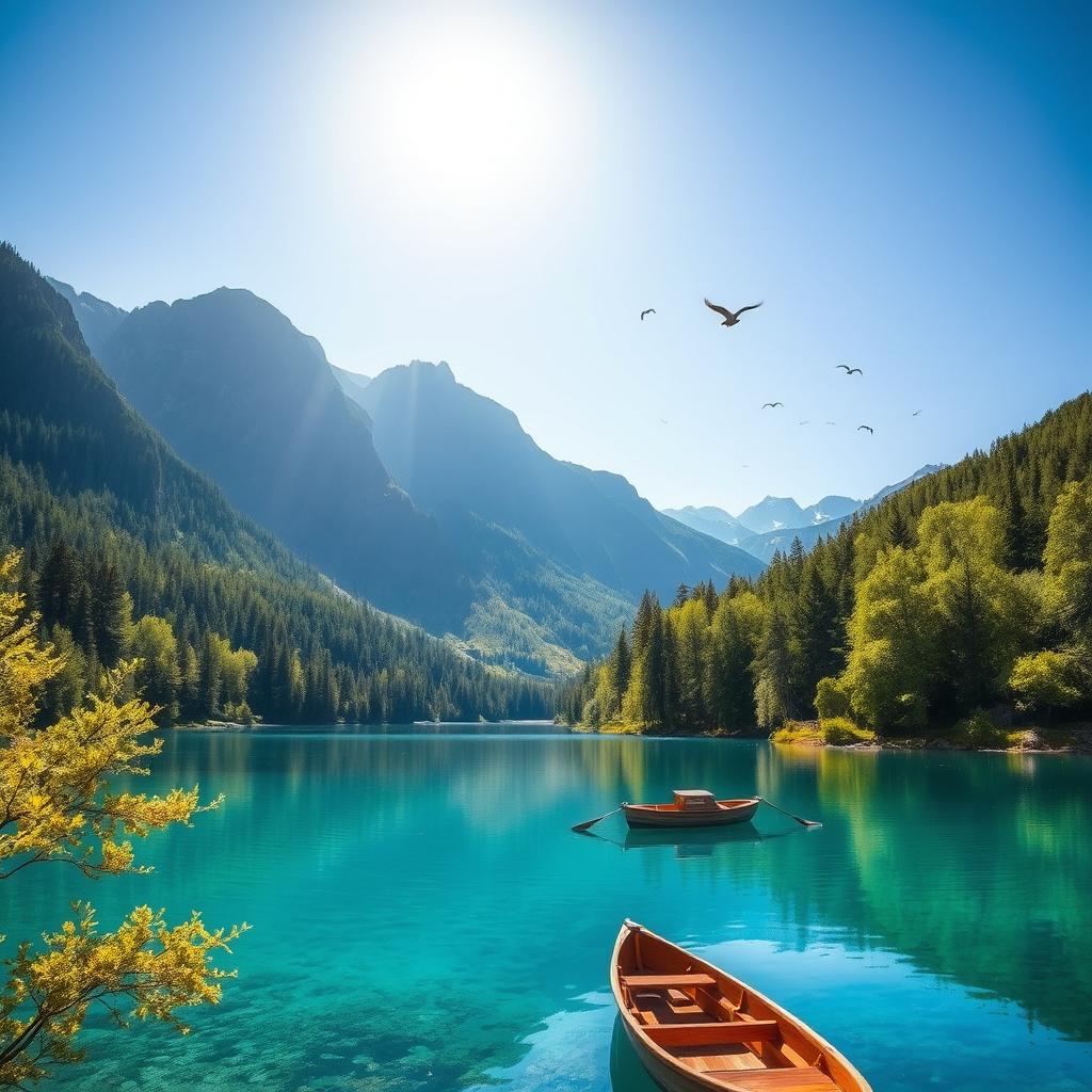 A serene landscape featuring a clear blue lake surrounded by lush green trees, with mountains in the background and a bright, sunny sky