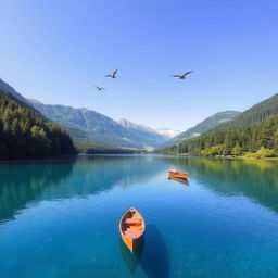 A serene landscape featuring a clear blue lake surrounded by lush green trees, with mountains in the background and a bright, sunny sky