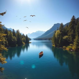 A serene landscape featuring a clear blue lake surrounded by lush green trees, with mountains in the background and a bright, sunny sky