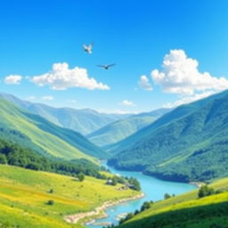 A vibrant and colorful image of a serene landscape featuring a clear blue sky, lush green hills, and a calm river flowing through the valley